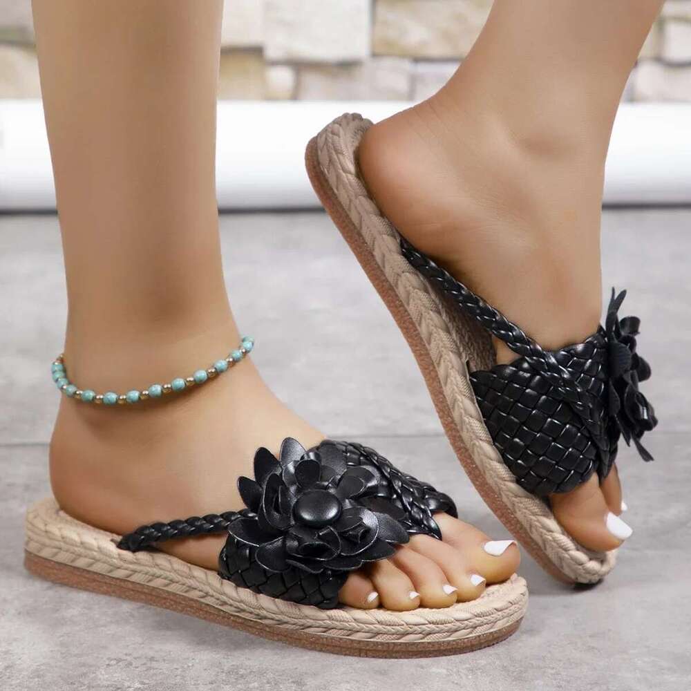 Braided Summer ral Flat Slippers Classics Solid PU Leather Women Non Slip Flip ps Soft Comfortable Beach Sandals Femme