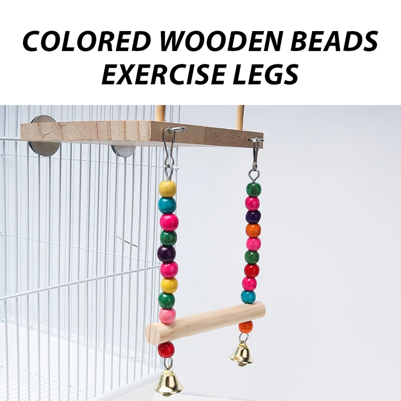 Pet Bird Swing Toy Wooden Parrot Perch Stand Playstand with Chewing Beads Cage Playground for Budgie Birds