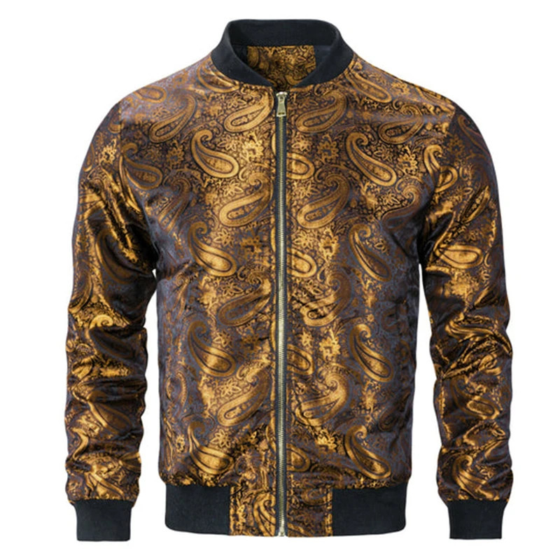 Gold Paisley Jacket Mens Clothing 3D Printed Colorful Long Sleeve Zipper Jackets Graphic Street Trend Autumn Bomber Coat 250304