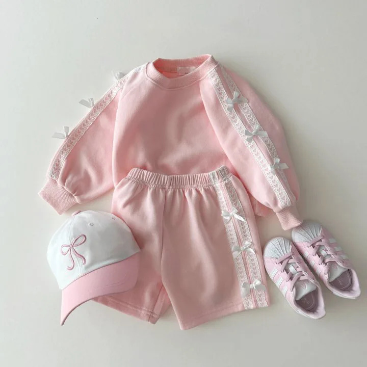 Autumn Children Long Sleeve Clothes Set Girls Lace Bow Sweet Princess Suit Cotton Kids Solid Casual Shorts Outfits 250304