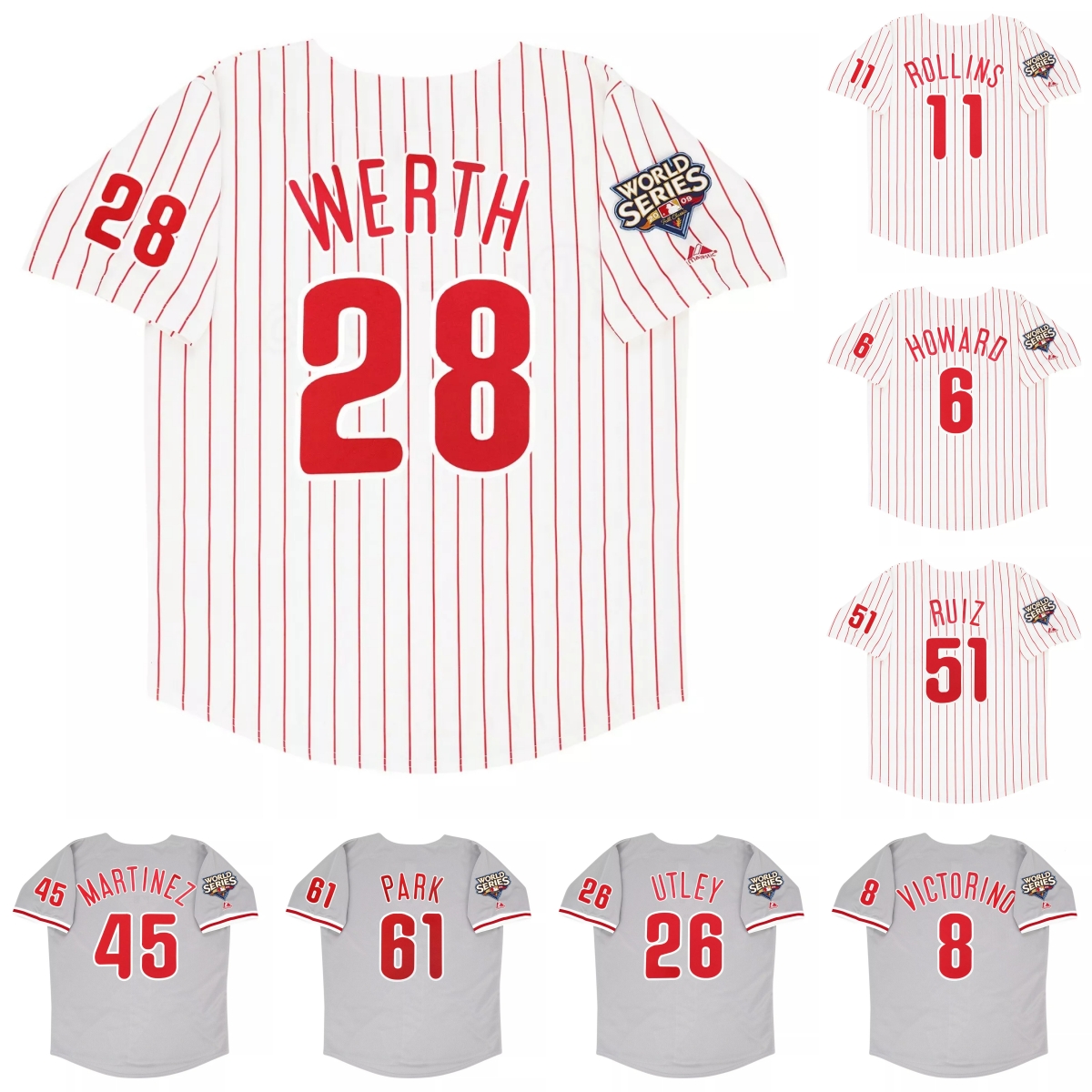 Retro Phillies Baseball Jersey 6 Ryan Howard 8 Shane Victorino 11 Jimmy Rollins 26 Chase Utley 28 Jayson Werth 45 Pedro Martinez 51 Carlos Ruiz 61 Chan Ho Park