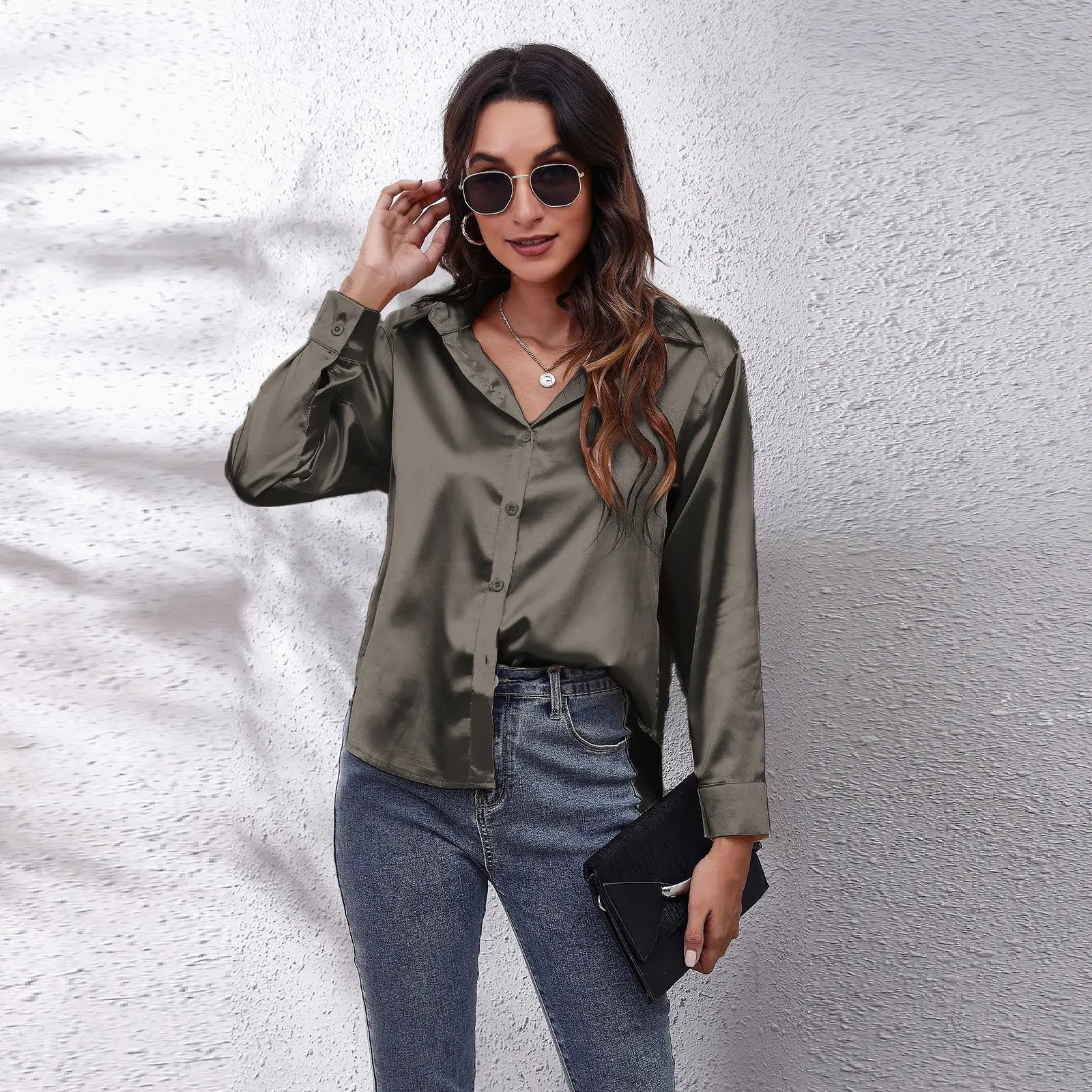 Autumn Women Solid Satin Shirt Long Sleeve Silk Loose Button Up Blouse Shirt Ladies Tops Fashion Clothing 250303