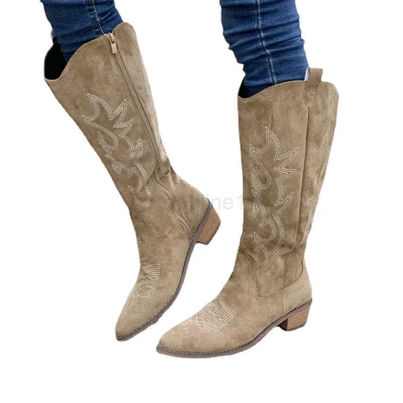 Embroidered Wern Cowboy Boots for Wen Autumn Pointed Toe Thick Heel High Knee Boots Wan Loose PU Leather Long Botas Mujer Z250304