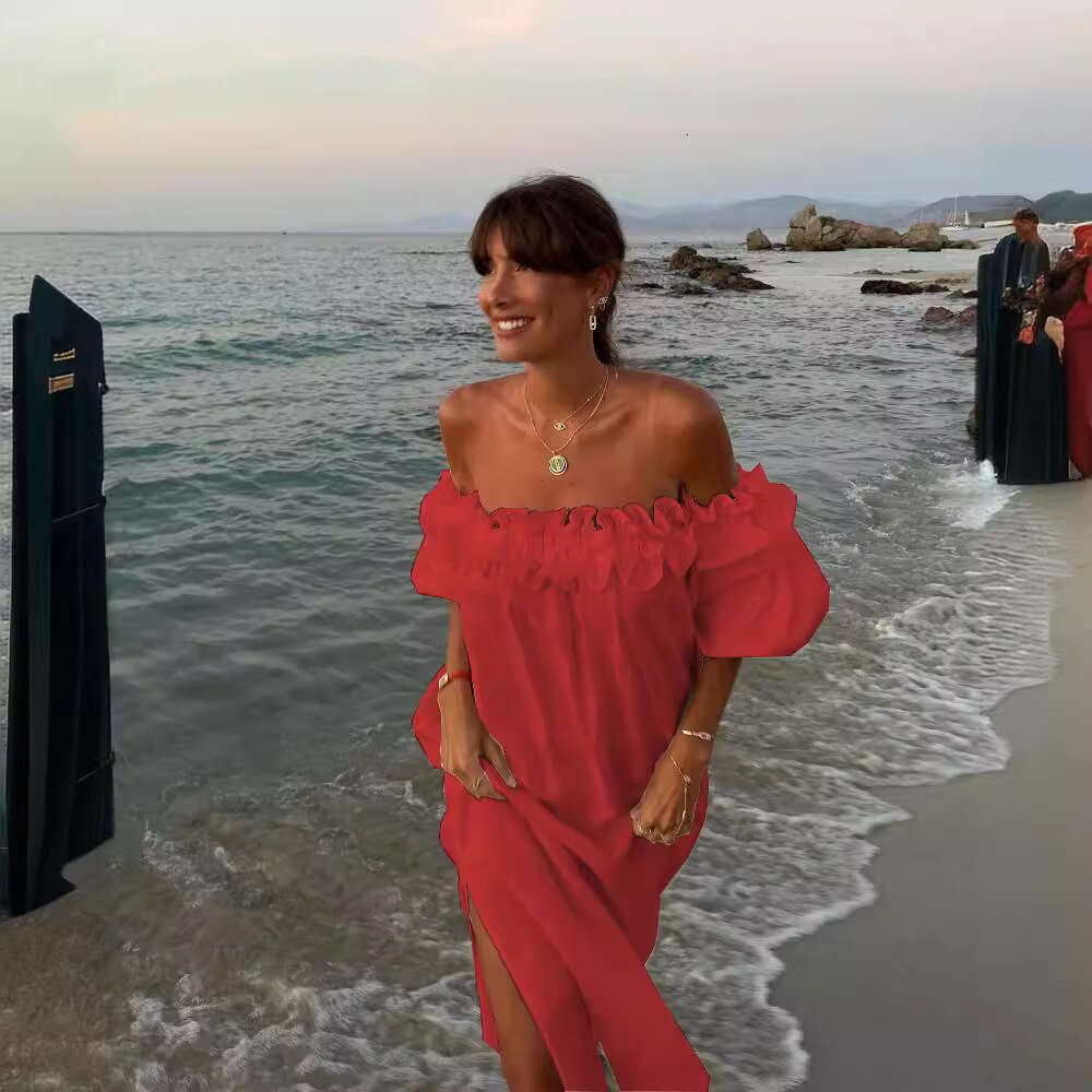 New European American solid color cotton en sexy one neck split vacation dress for women in 2025, with a unique and elegant temperament