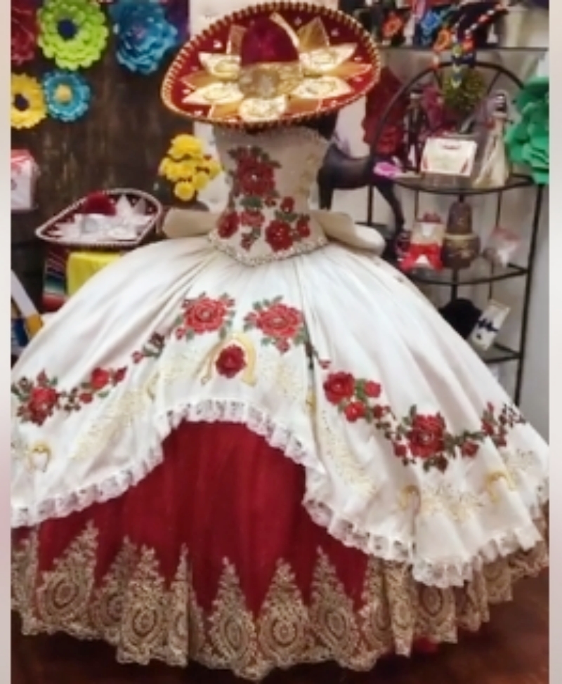 White And Red Charro Quinceanera Dress Embroidery Floral Gold Lace Appliques Ball Gown Princess Sweet 16 Dresses Back Bow Lace-Up Boutique Special Occ