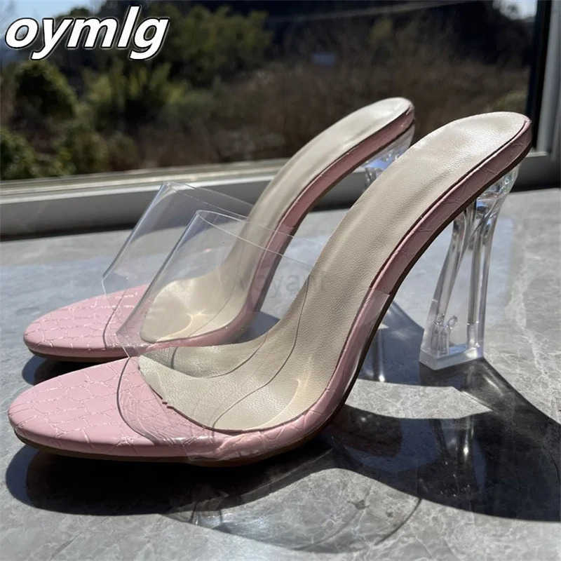 Crystal Heel High Heel Sandals Large Size e-Line Transparent Strap Thick Heel Square Toe Fi Wens Shoes h wen Z250304