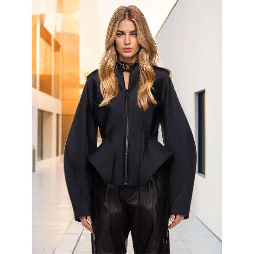 Fashion Women's Coat Lapel Zipper Waist Retraction Black Slim Personalized Cutting Jackets Autumn 2025 New Tide 7Ab4729