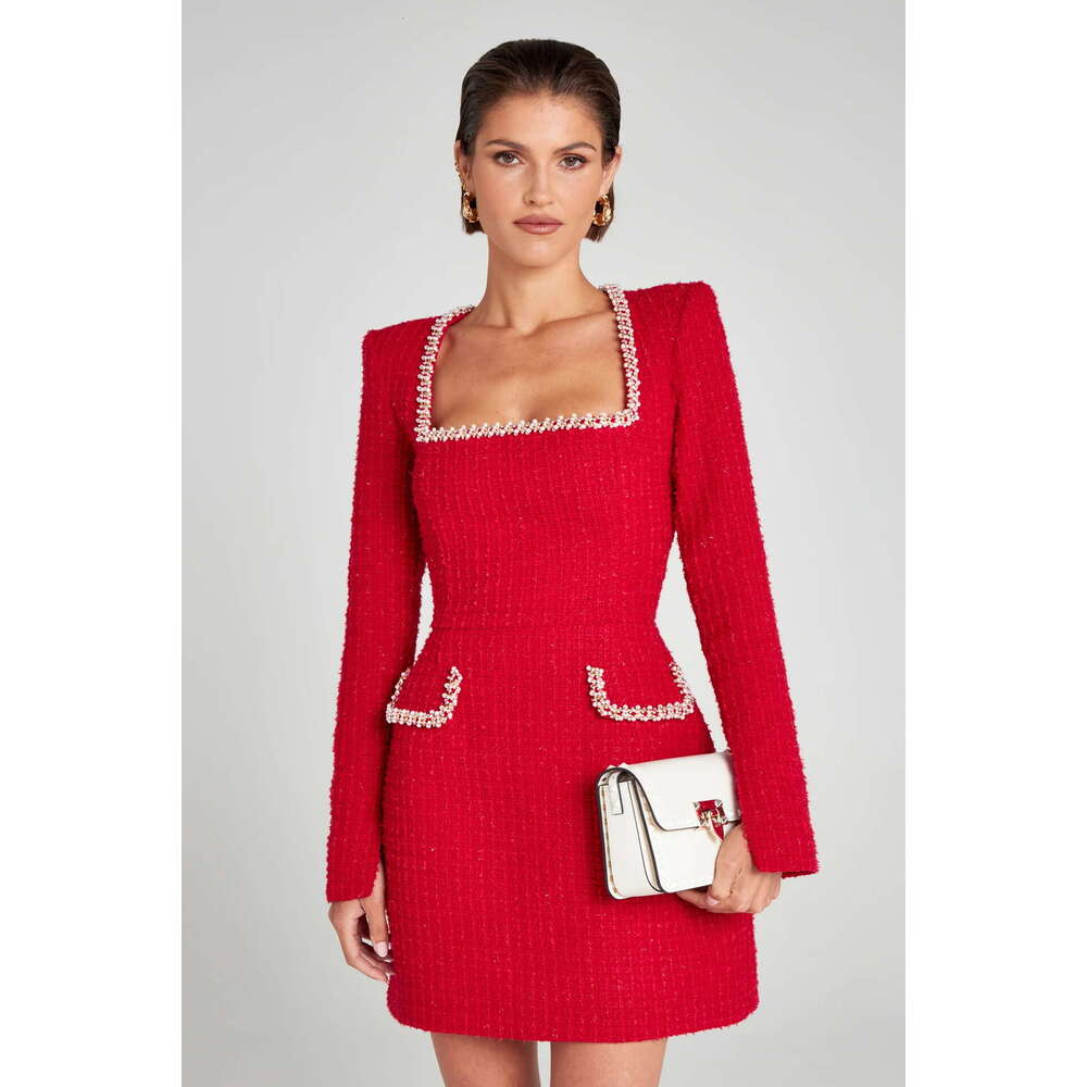 European American slim fit slimming U-neck long sleeved nail bead small fragrant dress for women, 2025 new style chic and elegant clothing