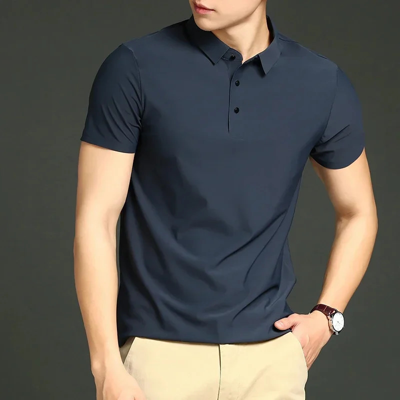 Summer T-shirt Short Sleeve Stretch Ice Silk Polo Shirt Men Business Casual Lapels Slim-Fitting Seamless Mercerized Thin Top Men 250304