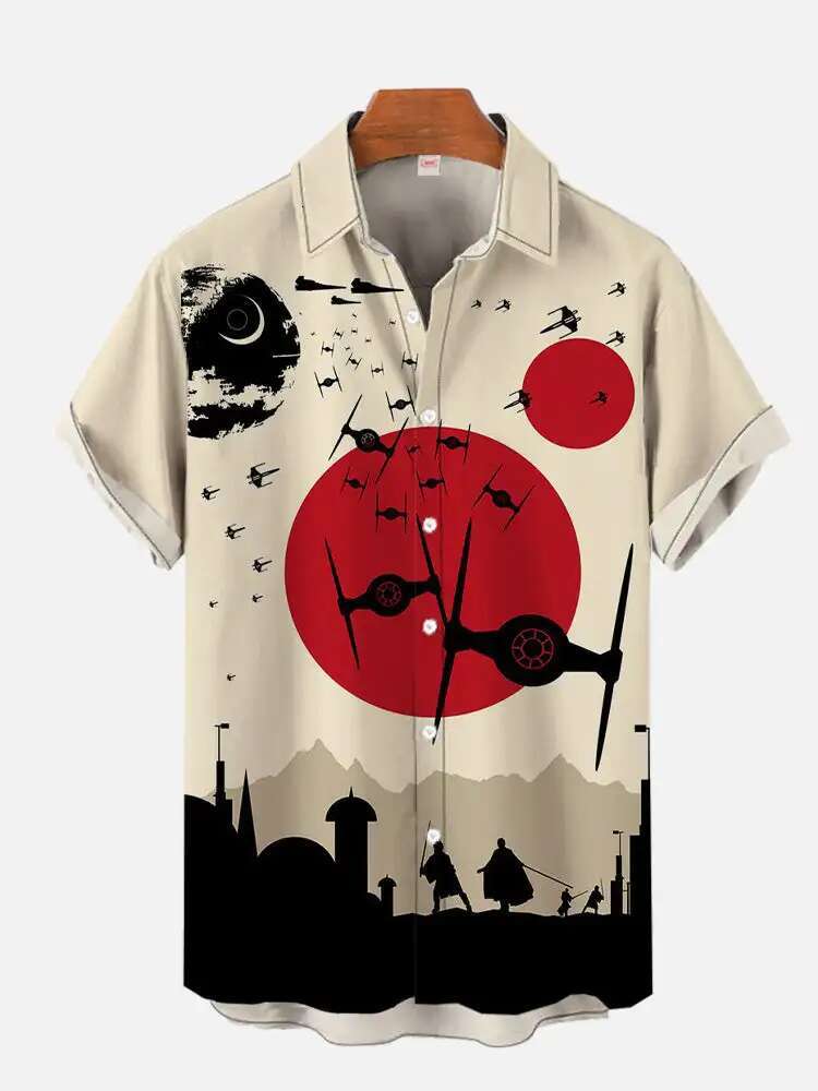 Summer New Japanese High-end Art Style Airplane Personalized Print Men's Designer Short Sleeved Shirt Retro Casual Hawaiian Top 2025 Beachwear