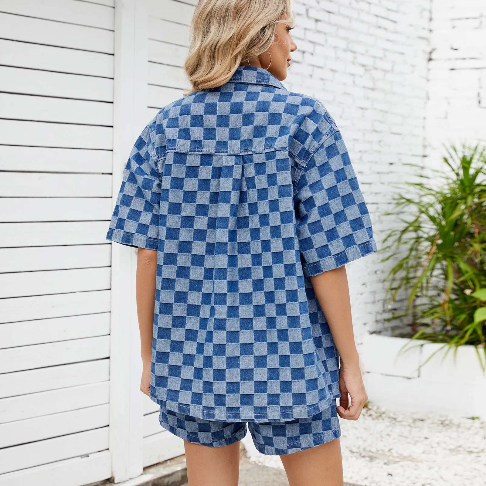 Summer Women's Two Pieces Set Casual Loose Single-Breasted Cardigans Shirt Plaid Denim Shorts 2 Piece Sets Women Outfit