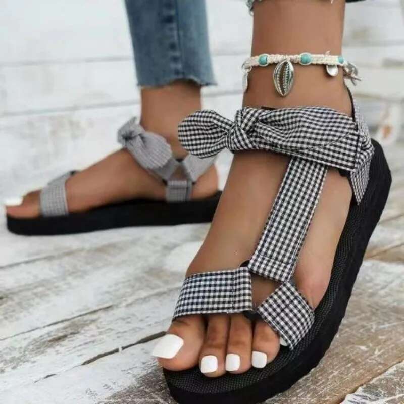 Summer Women New Sandals Color Flat Casual Lace Up Bow Shoes for Ladies Fashion Outdoor Leopard Beach Mujer Plus Size 43