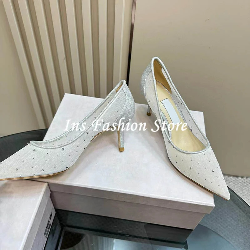 Sequins White Mesh Pointed Toe High Heels Wedding Crystal Pumps Woman Stilettos 8CM 6CM Dress Party Celebrity Shoes 250228