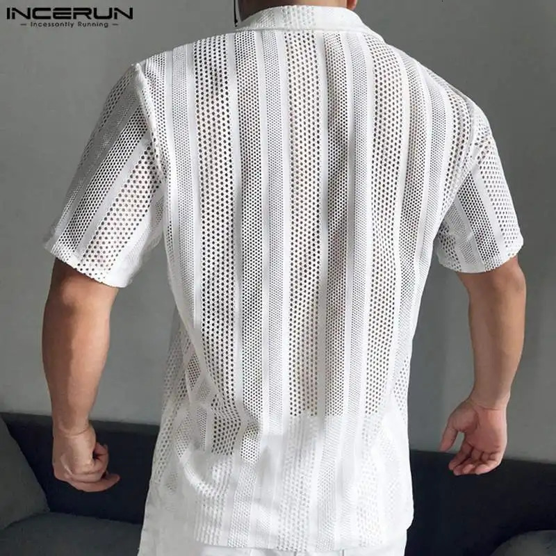 INCERUN Mens Shirt Mesh Transparent Lapel Short Sleeve Summer Camisas Streetwear Hollow Out Fashion Casual Shirts S-5XL 250304