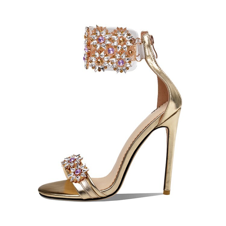 Golden High-Heeled Sandals, Rhinestone Shoes, Flower Back Zipper Women's Shoes