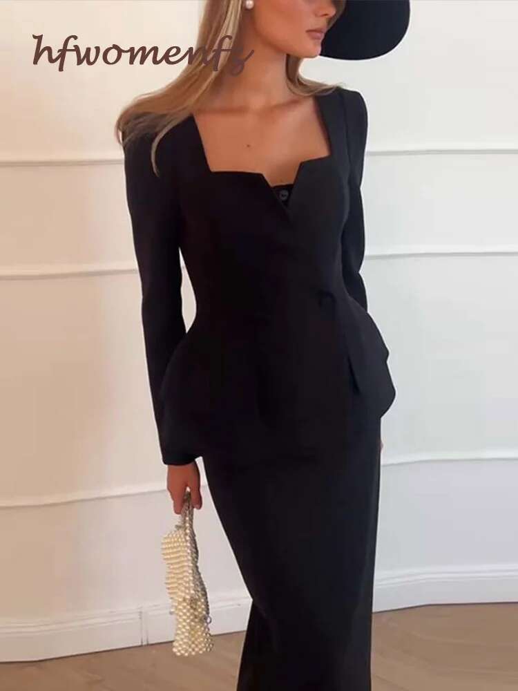 Elegant White Coat Set Square Collar Double Breasted Long Sleeve Blazer Hip Package Fashion Lady Skirt 2 Piece New Outfits