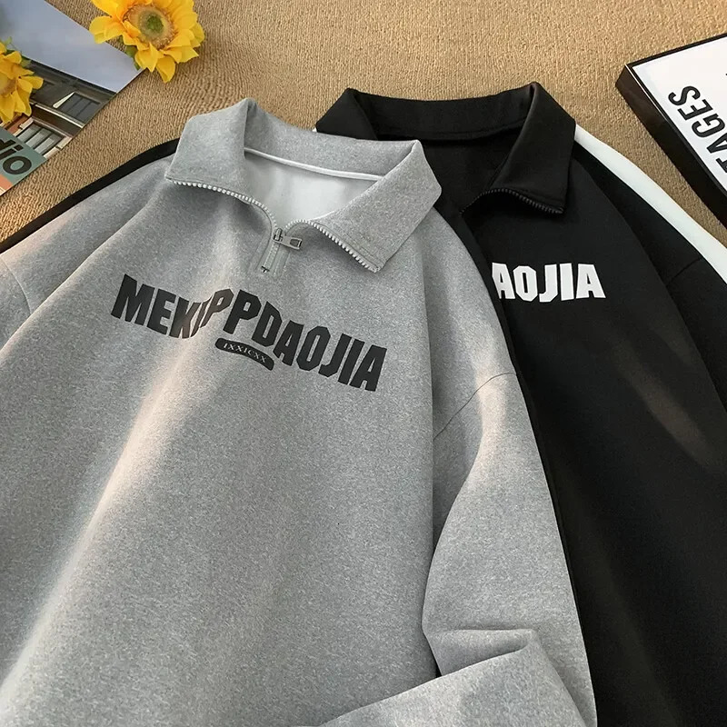 Mens Street Contrast Color Sweatshirt Half Zipper Standing Collar Long Sleeve Tops Couple Korean Style Letter Print Sweatshirts 250304