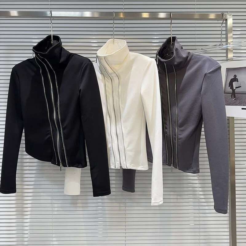 DEAT Fashion Women's Diagonal Metal Zipper Design Long Sleeve T-Shirt Turtleneck Solid Color Tops Female 2024 Autumn New 11A0798