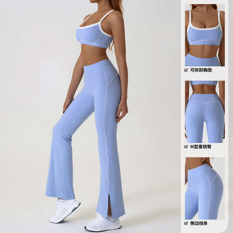 New European and American nude tight outdoor sports suit with thin shoulder contrasti colors, gerie straps, yoga clothes, 2025 new casual fashion tren