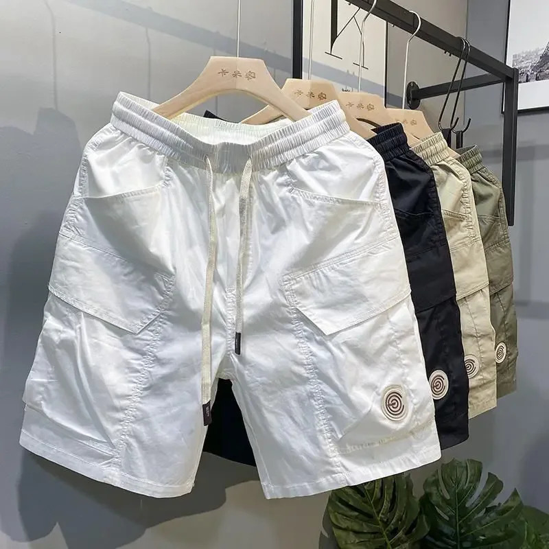 Mens Cargo Shorts with Pockets Khaki Male Short Pants Draw String Embroidery Strech Comfortable Homme in Casual Hevy Whate 250303