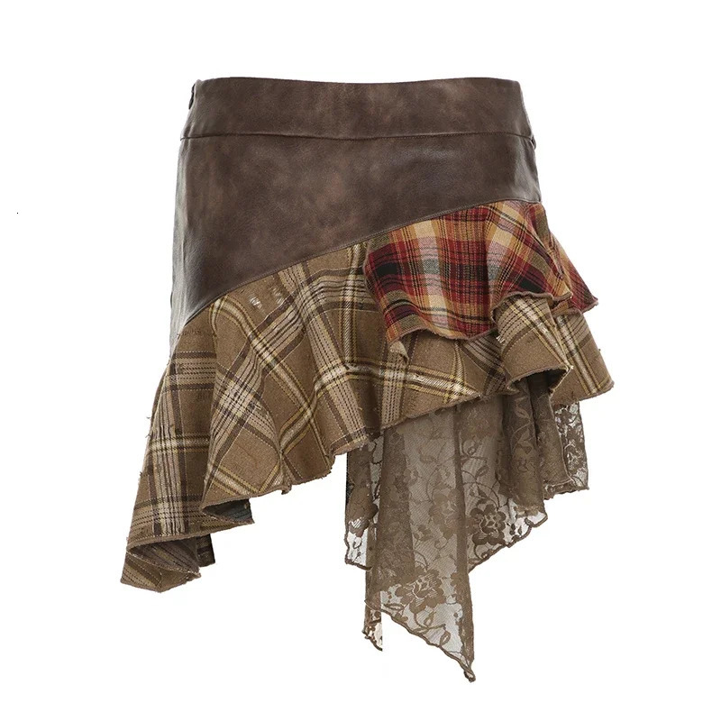 retro fashion street asymmetric women mini skirt lace striped plaid leather irregular fashion stylish skirt 250228