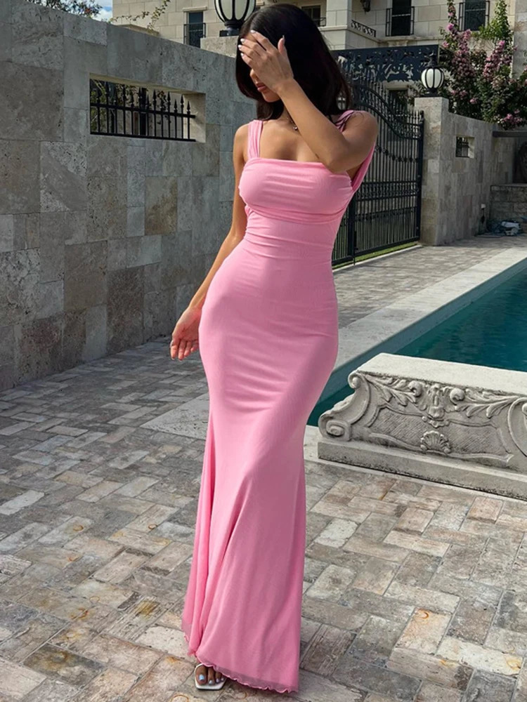 Lace-Up Backless Long Pink Dress - Sexy Bodycon Maxi for Women, Party Evening Outfits C260311