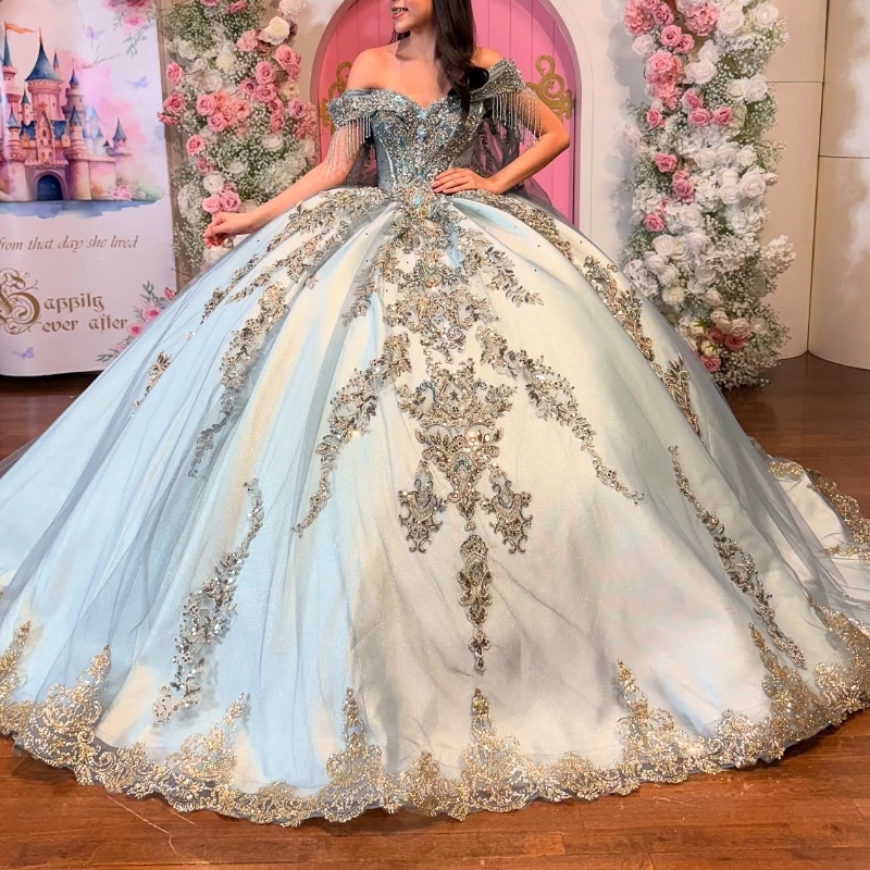 Royal Blue Shiny Quinceanera Dresses Ball Gown Off The Shoulder Applique Lace Beading Tull Party Birthday Sweet 16 Vestidos 15 De Anos