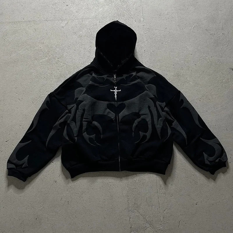 High Street Trendy Jacket Gothic Punk Harajuku Foam Pattern Zipper Hoodie Men Hip Hop Retro Casual Oversized Sweatshirt 250303