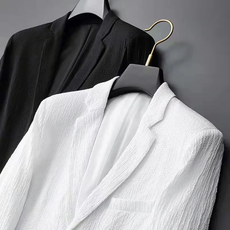 Spring Autumn Korean White Pleated Sets Men Fashion Casual Solid Long Sleeve Blazer and Trousers Two-piece Men Suits Trends Tops 250303