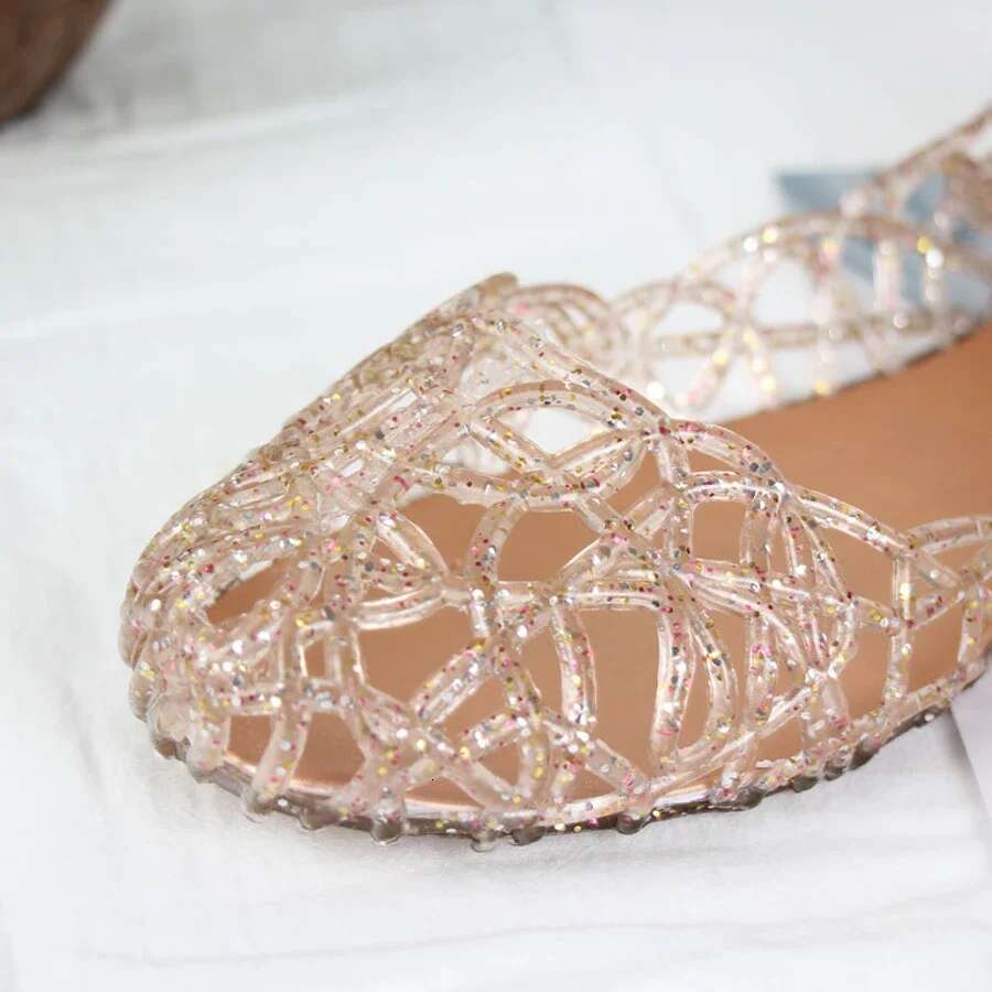 women crystal Summer clogs hollow flat-soled slip-ons shallow mouth Roman jelly shoes beach sandals