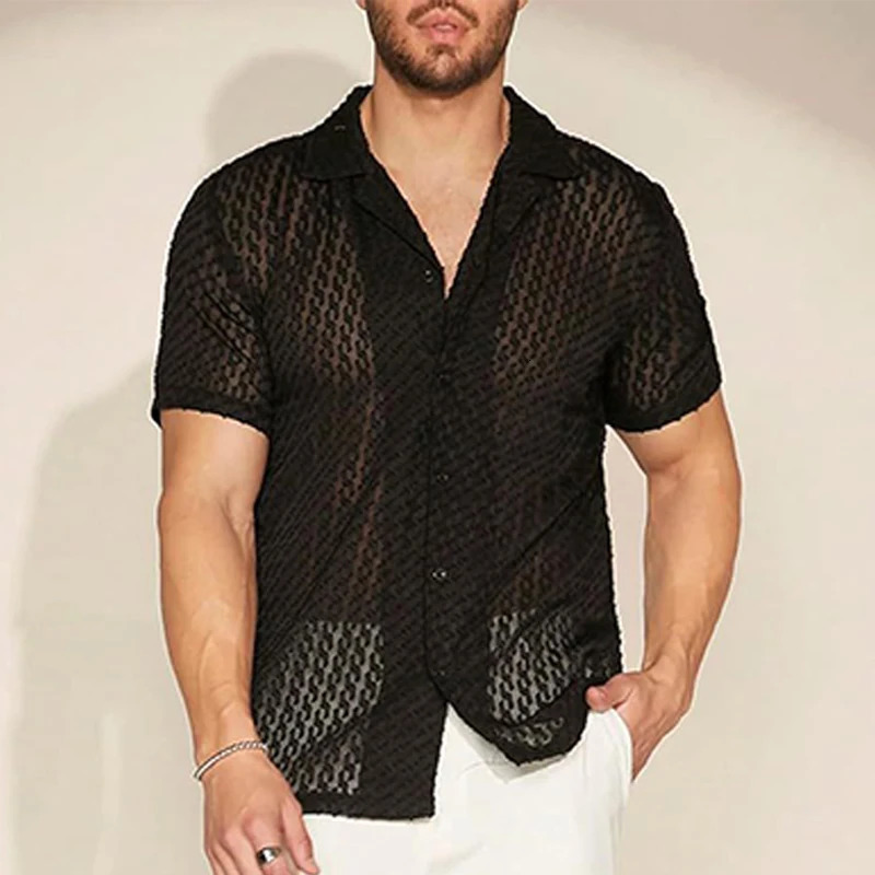 Mens Hollow Out Mesh Lace Short Sleeve Shirt Leisure Fashion Lapel Party Jacquard Button-down See-through Clothing S-2XL 250304