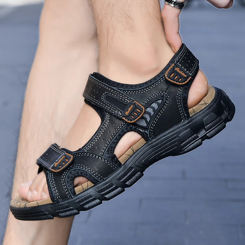 Classics Mens Sandals Summer Genuine Leather Sandals Handmade Outdoor Mesh Men Footwear Soft Breathable Metal Leather Slippers 250303
