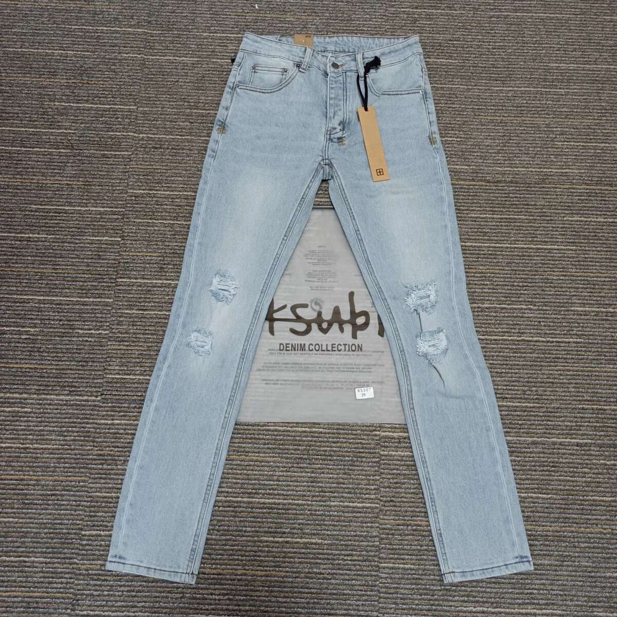 New KSUBI Cross Men High Street Wash Light Blue Hole Trend Low Rise Skinny Pants Daily Casual Ripped Frayed Jeans Brand