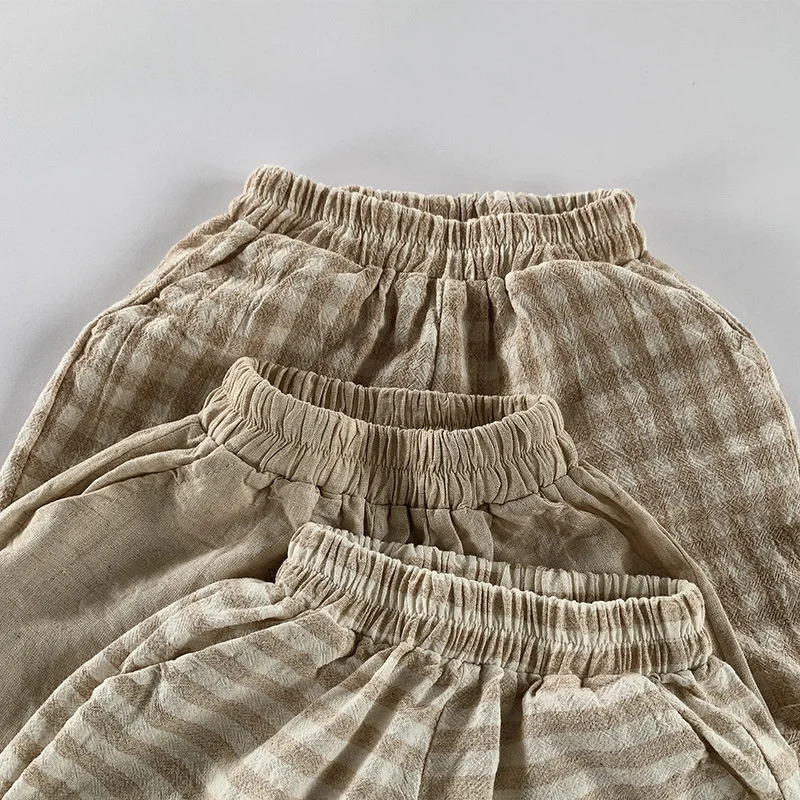 Summer Children Shorts 1-8Y Boys Girls Cotton Linen Striped Plaid Short Pants Casual Trousers Toddler Wear Kids Clothes 250304