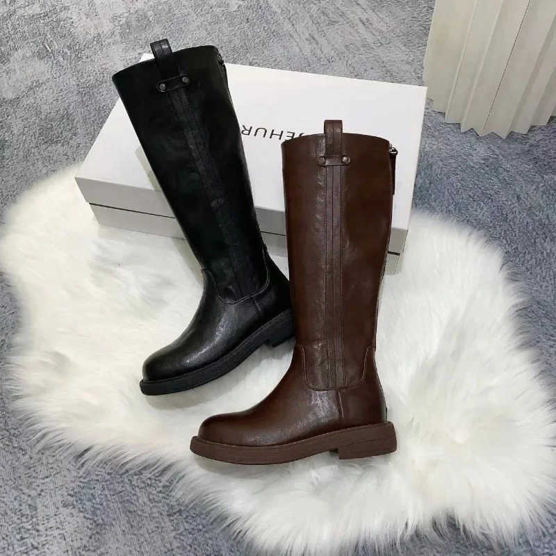 2024 Hot S Ladies Shoes Modern Wens Boots Classics Knee-High Boots Wen Sewing Round Toe Back Zip Low Heel Shoes Wen Z250304