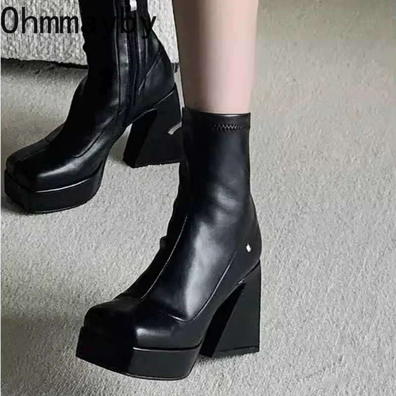 Square High Heel Wen Wern Cowgirl Boots Fion Side Zippers Shoes Autumn Winter Ladies Elegant Platform Short Booties Z250304