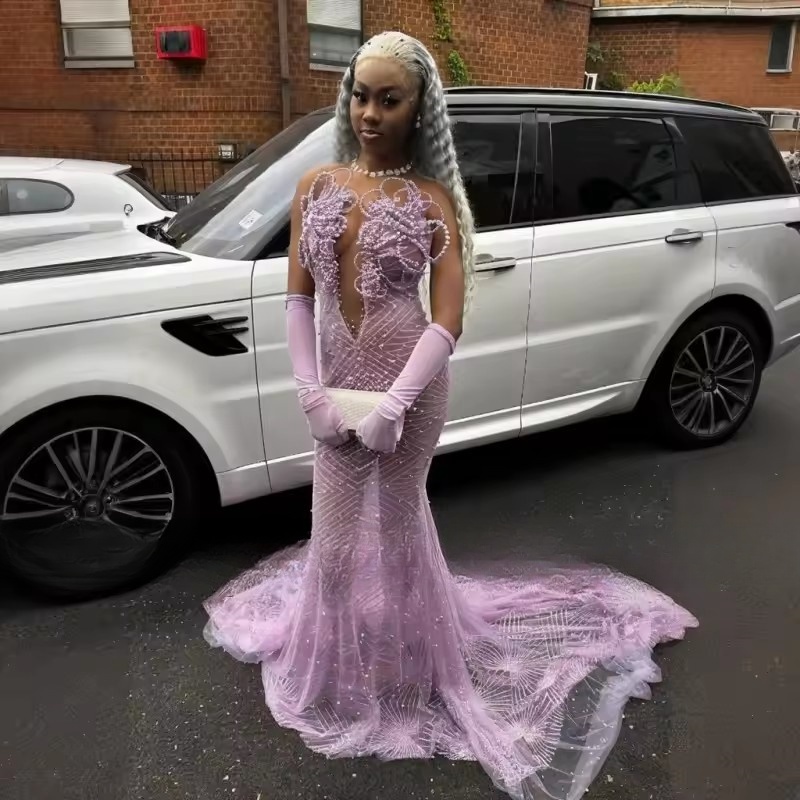 Elegant Lilac Prom Dresses 2025 Black Girls Pearls Sequin Party Gowns Mermaid Evening Dress Customized Vestidos De Gala