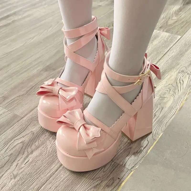 Lolita Women High Heels Woman Chunky Sandals Summer Mary Janes PU Leather Shoes Retro Bow Party Platform Pumps
