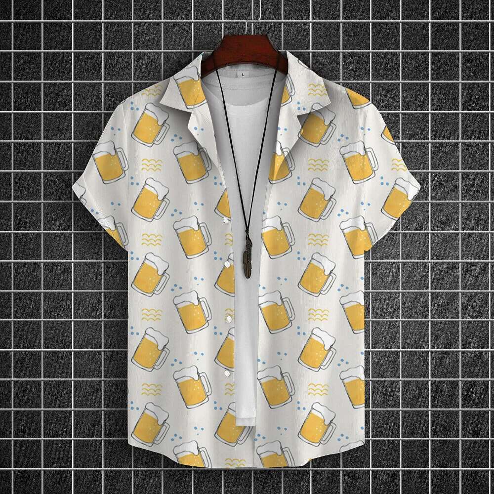 Summer New Men's Shirt 3D Printed Enhanced Beer Pattern Designer Fashion Button Short Sleeve Collar Street Wear Hawaiian Women's Shirt Beach