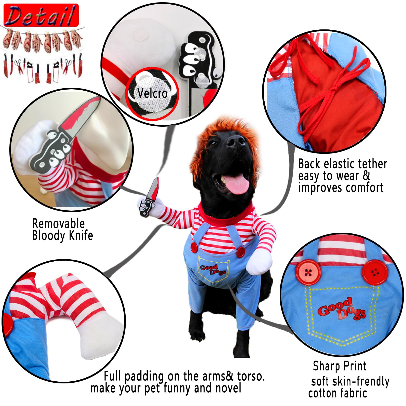 Pet Deadly Doll Dog Costume, Funny Halloween Chucky Costumes Cute Dog Clothes Party Cosplay Costume for Small Medium Large Dogs Cats Puppy