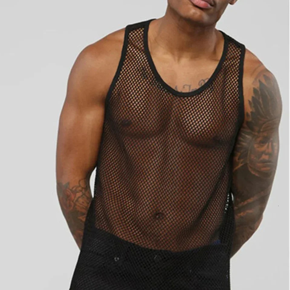 Tank Tops Vest Men O-neck Party Nightclub Wear Rose Red Black Fashion M-2XL Mesh Patchwork Sleeveless Streetwear 250304
