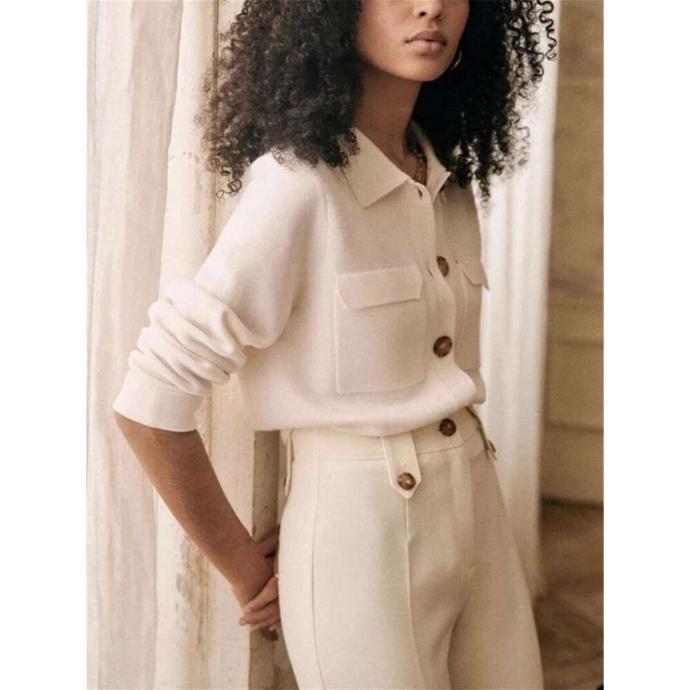 Single Breasted Sweater Women Turn-Down Collar Solid Color Long Sleeve Female Knitted Cardigan With Pockets 2025 Spring Fall