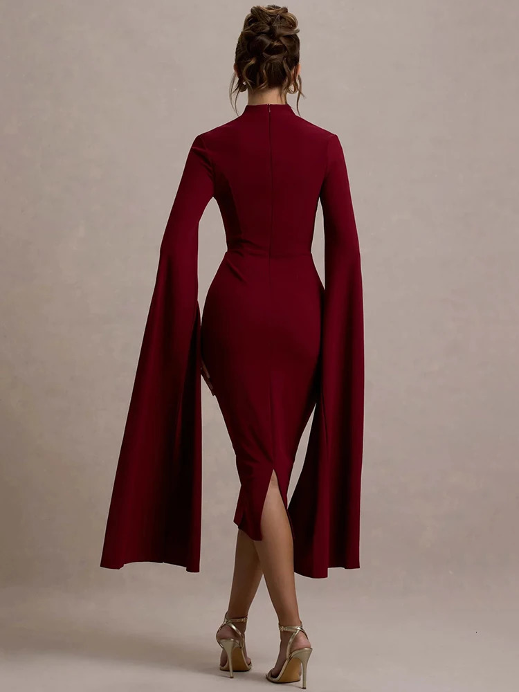 Mozision Cape Long Sleeve Sexy Midi Dress For Women Autumn Winter Square Collar Back Slit Bodycon Club Party Long Dress 250303