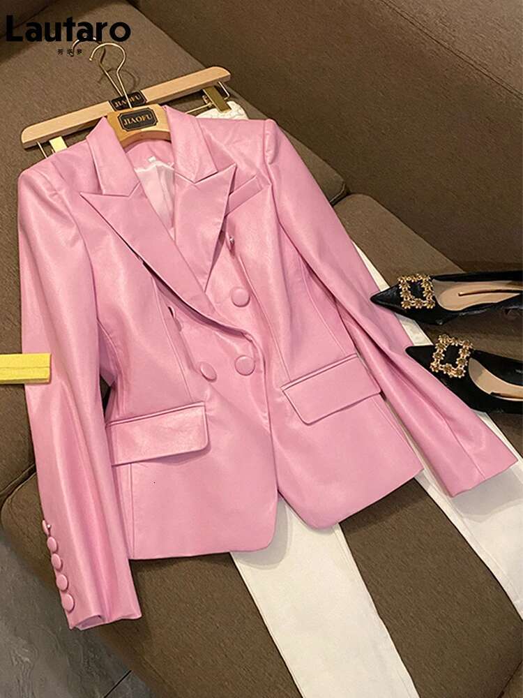 Spring Stylish Short Pink Soft Pu Leather Blazer Long Sleeve Slim Fit Jackets For Women Elegant Fashion 5Xl