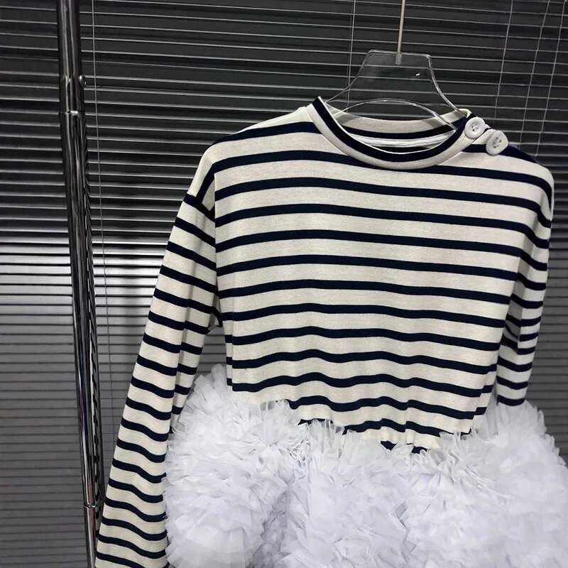 2025 Spring New Women's Trendy Stripe Contrast Color O-Neck Knitted T-Shirt Patchwork Wrinkle Mesh Tops Fashion 11A02241
