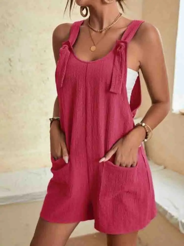 Womens Casual Summer Short Rompers Overalls Loose Sleeveless Tie Knot Strap Jumpsuits with Pockets 250303
