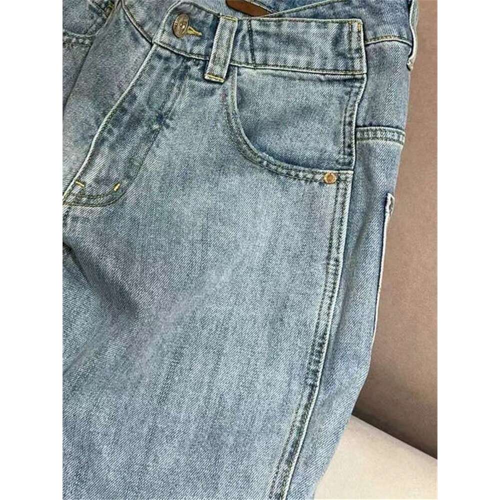 Women Beading Chain Jeans High Waist Vintage Zipper Fly Pockets Female Denim Long Pants