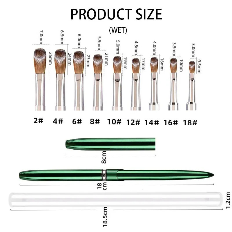 100% Kolinsky Acrylic Nail Brush 1Pcs Green Crimped Metal Handle Drawing Brush for Acrylic Powder Size 2-18 250304