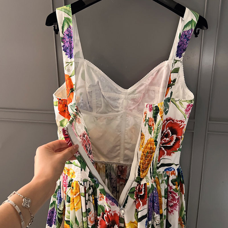 Women's Floral Print Cotton Camisole Dress Elegant Square Neck Waist-Up Pleated Clothes Stylish Summer Vacation Fashion Luxury Designer High-Qual