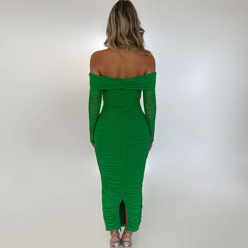 New mesh one shoulder pleated for women, slim fit sleeved dress with wrapped buttocks and long skirt